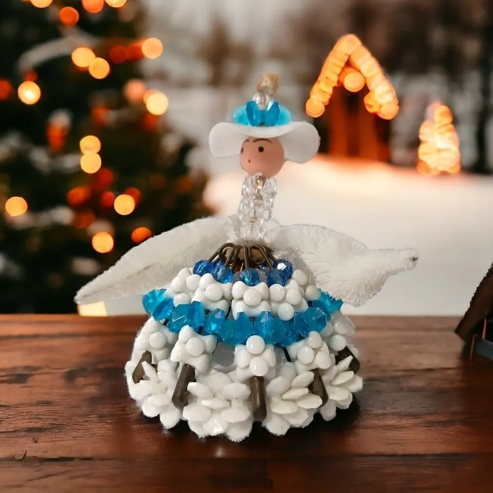Vintage Safety‎ Pin Doll Beaded Mid Century Handmade Kitsch Blue White Chenille.